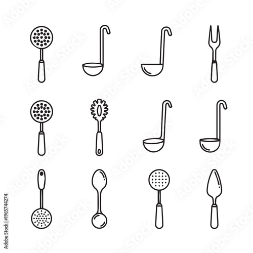 Collection of Kitchen Utensils Line Art Cooking Tools Culinary Implements Food Preparation Accessories Simple Vector Graphics
