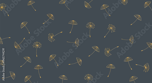 Delicate dandelion seeds floating on dark background, minimalist golden seed head illustration, gentle breeze and nature concept.