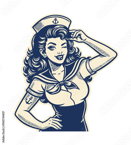 Pin-up girl in sailor rockabilly retro style. Vector sticker isolated on white background