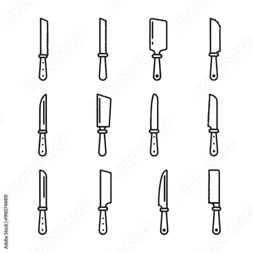 Collection of Kitchen Knives for Food Preparation Culinary Tools Minimalist Line Art Style