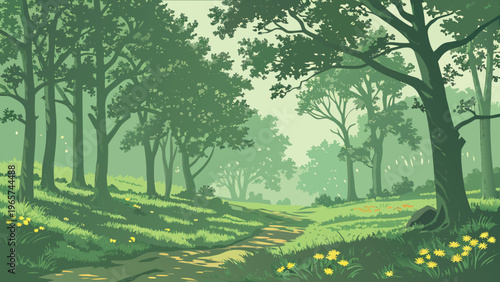 Sunlit forest path with green trees and yellow wildflowers in a flat vector style