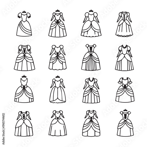 Collection of Princess Gowns with Crowns Hand-Drawn Icons Whimsical Fantasy Elements
