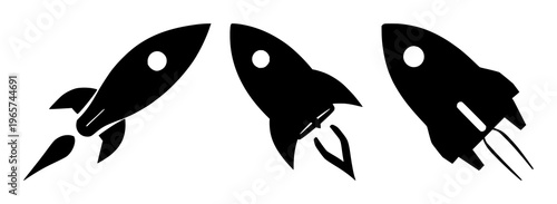 Minimalist vector icon of a black rocket ship launching upward at a diagonal angle on a solid white background. The silhouette features a circular porthole and three stylized engine blast lines, cr...