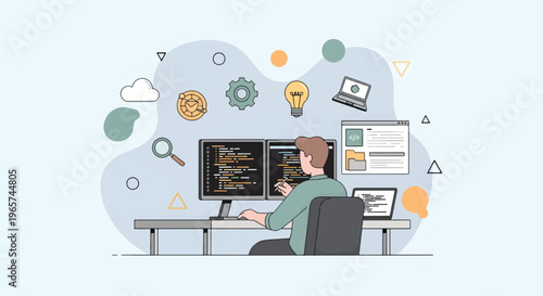 A modern flat vector illustration depicts a man sitting at a desk in an office working on a computer with coding on the screen surrounded by various technology and software development icons.
