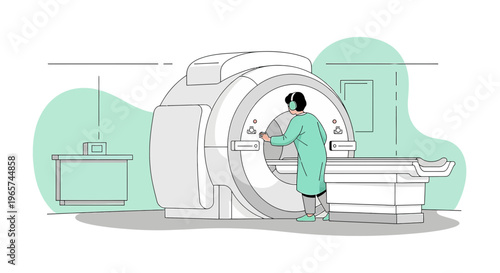 Medical professional operating MRI scanner for patient diagnosis and medical imaging in clinic
