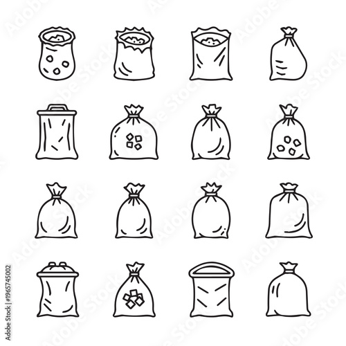 Collection of Various Bags Icons Flat Line Drawing Style Isolated on White Background