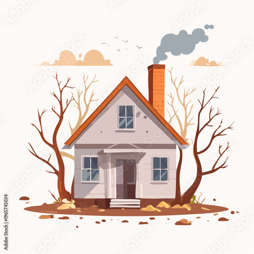 Cozy little house with chimney smoking and bare trees in a warm, autumnal setting