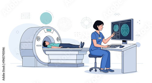 Medical professional operating MRI scanner with patient inside, brain scan displayed on screen