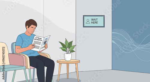 Man Reading Magazine in Doctor's Waiting Room Before Medical Procedure