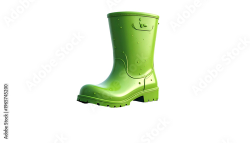 A glossy, lime-green rain boot isolated on black. The boot has a thick sole and detailed texture