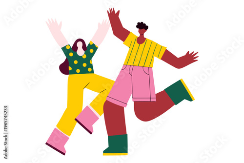 vector modern illustration of two happy people dancing together, expressing joy, freedom and movement in playful flat style with vibrant shapes, youthful energy and positive lifestyle mood