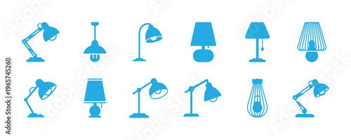 Variety of lighting lamp icons created in solid vector format.