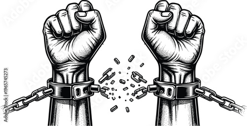 Broken chains freedom concept illustration, raised fists symbol, liberation protest graphic, human rights power, revolution resistance design isolated monochrome vector