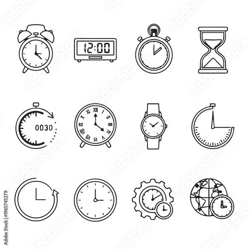 Collection of Time Measurement Icons: Clocks Watches Timer Hourglass Stopwatch Digital DisplayLine Art
