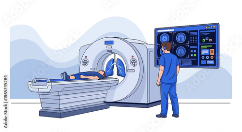 Medical CT Scan: Patient Undergoing Diagnostic Imaging Procedure with Doctor Monitoring
