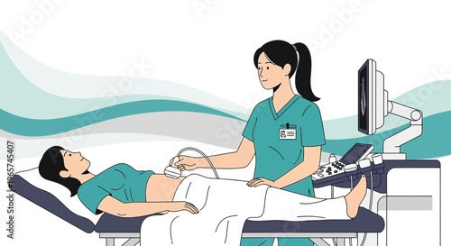 Medical Examination: Nurse Performing Ultrasound on Patient Lying on Bed in Clinic