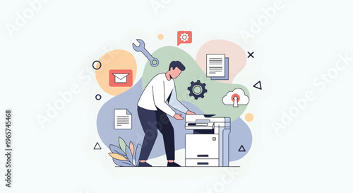 A man is working on a printer with various office supplies and tools surrounding him in an industrial setting indoors.