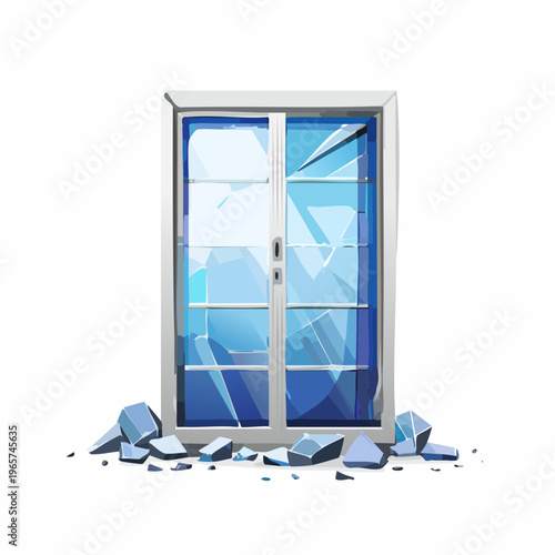 Striking illustration of a domestic window completely shattered, symbolizing property damage, a security breach, or the urgent need for repair and replacement