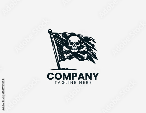 A pirate flag with skull and crossed bones is illustrated in a clean modern black vector logo illustration