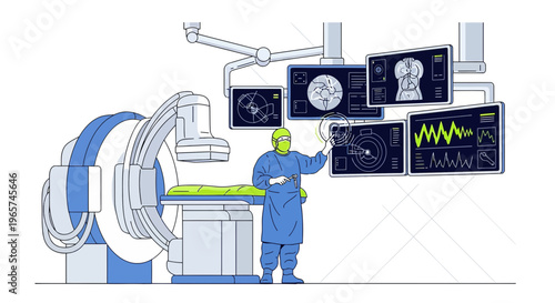 Medical Imaging Technology: Doctor in PPE with Advanced CT Scanner and Monitors