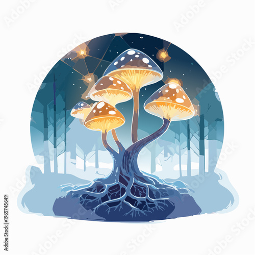 Magical bioluminescent mushrooms rooted in an ancient forest, connected by a network of glowing starlight