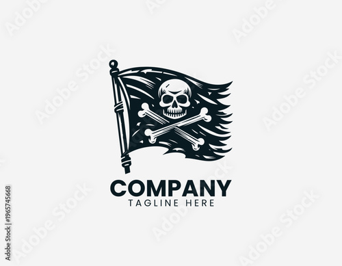 A pirate flag with skull and crossed bones is illustrated in a clean modern black vector logo illustration