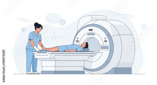 Medical MRI Scan: Patient lying in MRI machine with nurse assisting, advanced diagnostic imaging