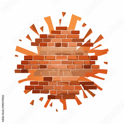 Vibrant illustration of a brick wall bursting outward, conveying ideas of demolition, freedom, or overcoming barriers with dynamic energy