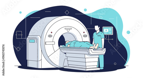 Medical MRI Scanner Machine with Patient and Technician in Modern Hospital Room