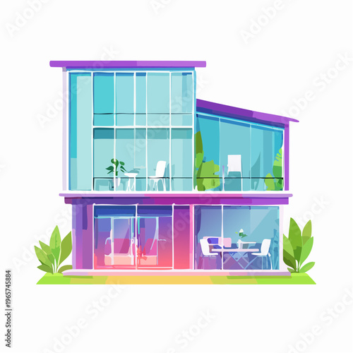 Modern glass house with balconies and outdoor dining areas in lush greenery