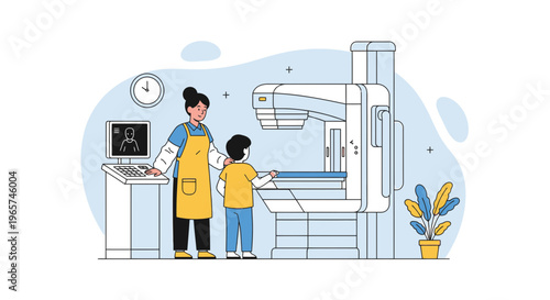 Medical Professional and Child at Mammography Machine, Radiology Clinic Illustration