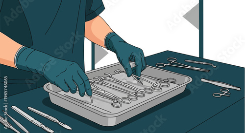 Medical Professional Arranging Surgical Instruments for Sterilization and Operation