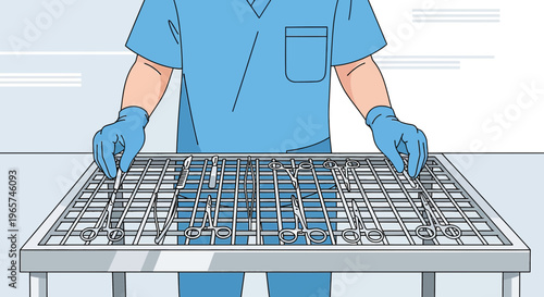 Medical Professional Arranging Surgical Instruments on Sterilization Tray