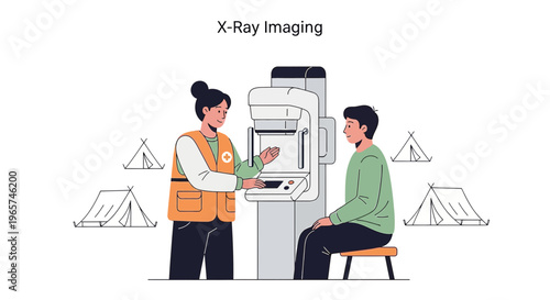 Medical Professional Assists Patient During X-Ray Imaging Procedure in Mobile Clinic