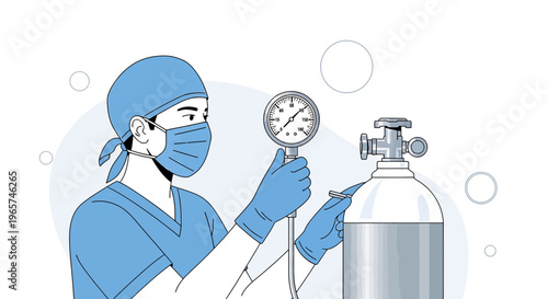 Medical professional checking oxygen tank pressure with gauge, healthcare concept