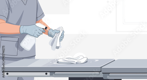 Medical Professional Cleaning Operating Table with Disinfectant Spray and Cloth