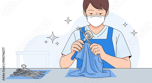 Medical Professional Cleaning Surgical Instruments with Mask and Gloves