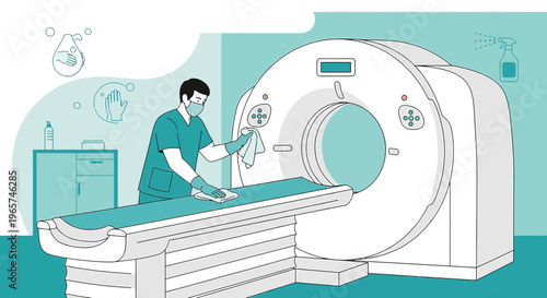 Medical Professional Cleans CT Scanner Bed for Patient Safety and Hygiene in Hospital