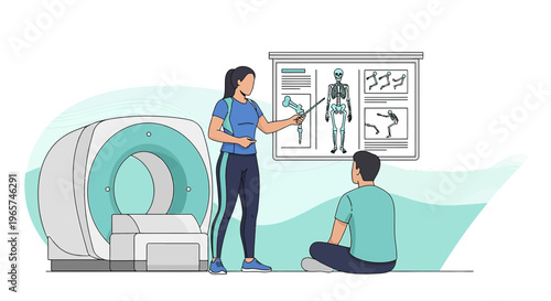 Medical Professional Explains Anatomy Near MRI Machine and Skeleton Chart to Patient