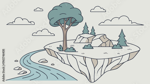 Surreal Floating Island Flat Vector
