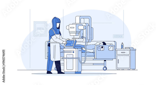 Medical Professional in Hazmat Suit Operating Advanced Imaging Equipment on Patient in Hospital Room
