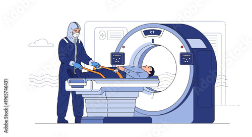 Medical Professional in Hazmat Suit Performs CT Scan on Patient in Hospital