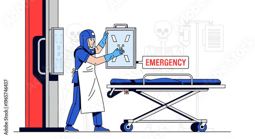 Medical professional in protective gear prepares X-ray machine in emergency room with patient gurney
