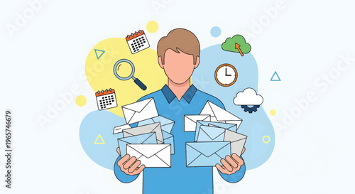 A modern flat vector illustration shows a man holding many envelopes in office with cloud, clock, and magnifying glass around him in a busy workplace environment viewed from front.