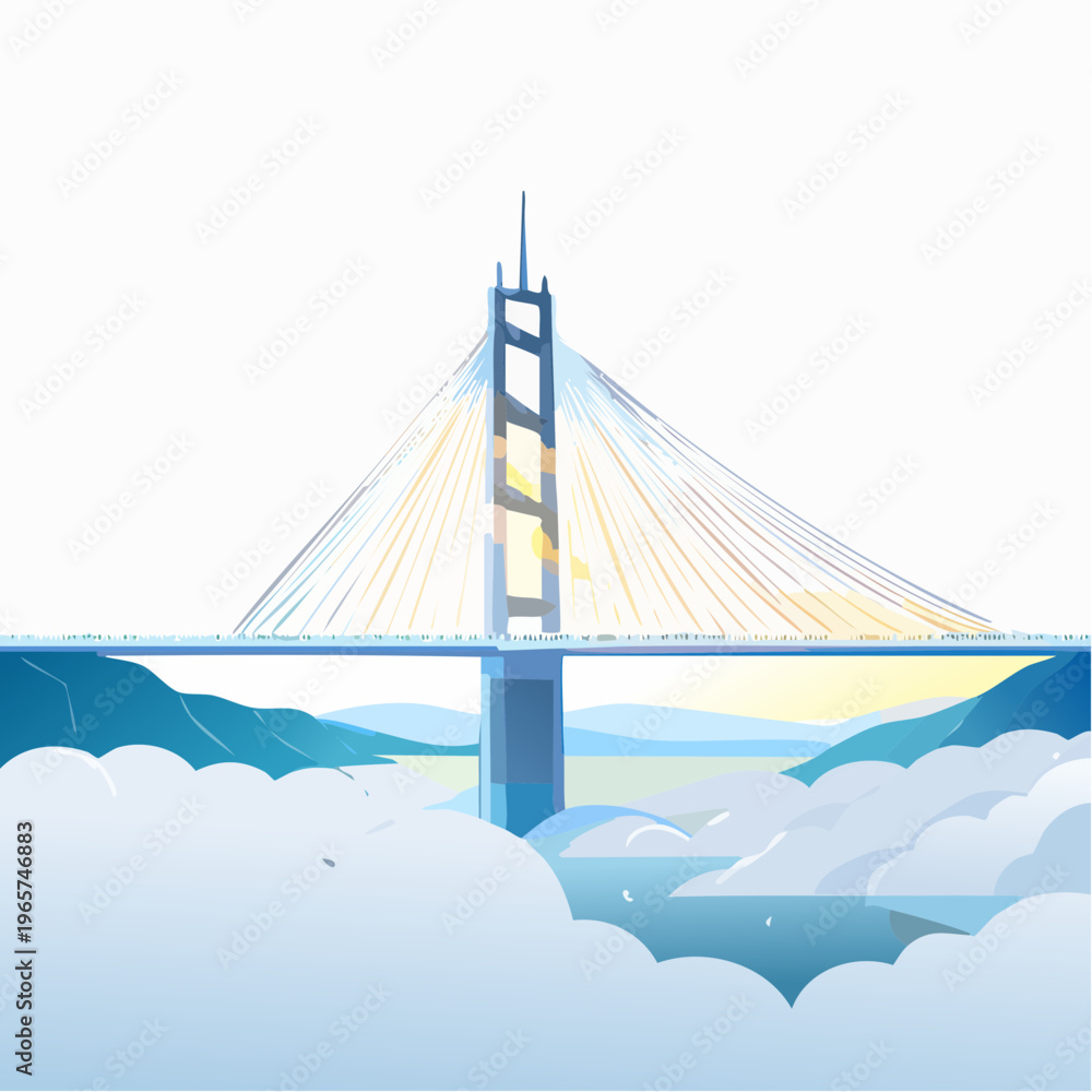 Fototapeta premium Modern Suspension Bridge Spanning Clouds Over a Serene Landscape
