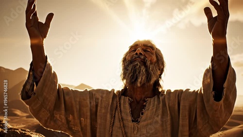 A man with raised hands stands in a desert landscape at sunset