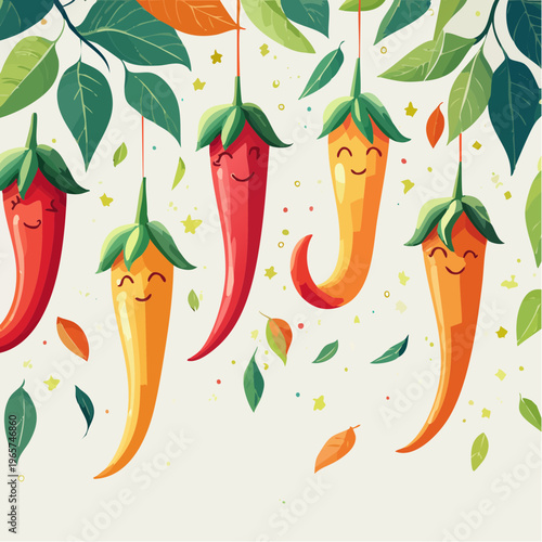 Cheerful cartoon chili peppers with happy faces, playfully hanging from green leaves and colorful sprinkles, creating a vibrant and spicy design