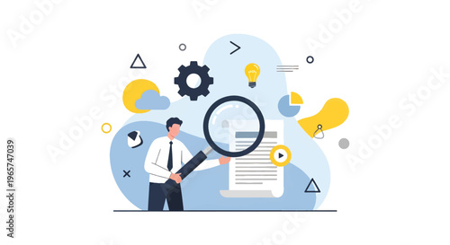 Businessman examining document with magnifying glass amidst creative office supplies and abstract symbols in modern workspace environment vector illustration.