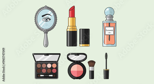 Collection of various makeup products displayed.