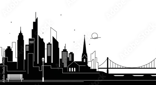 Black and white city skyline.